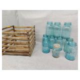 Blue canning jars ball and wood crate