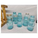 Blue jars and wood crate