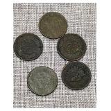 Five Indian head pennies unreadable dates