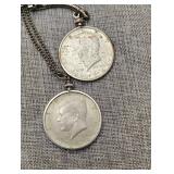 2 1964 Kennedy silver half dollars on necklace