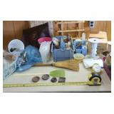 Sewing supplies, broom, curtain hangers,  paper