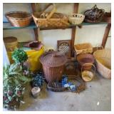 Baskets, wooden shelf and silk arrangements