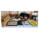 Plastic trays, baskets, framed Faith picture,