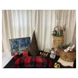 Christmas wooden tree, snowman figure, baskets