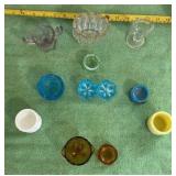 Blue, amber, yellow, white and clear salt cellars