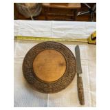 Hand carved wooden bread plate witu knife