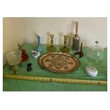 Vintage etched crystal dish, wood tray, Avon