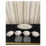 Corning Ware platter with stand and four petite