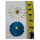 2 Metal Enamel Flower Brooches