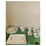 Corning Ware tray with stand, measuring bowl and