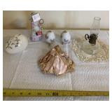 Enesco salt & Pepper shakers, oil lamp, doily,