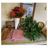 Silk flower arrangements, baskets, tablecloth and