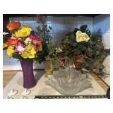 Basket-damaged, artificial flower arrangements