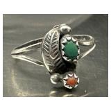 Sz.6.5 Navajo Green Turquoise & Coral Leaf Ring