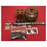 Vtg Wood 4 Pipe Stand Rack & Green Glass Tobacco