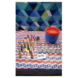 21 plastic bowls and knives and assortment of