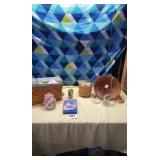 Wicker lamp, lighthouse cds,shells, picnic basket