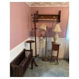 Floor lamp, hear shelf, plant stands and coat
