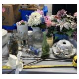 Glass vase, silk flower arrangements and decor