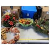 Christmas wreaths, basket of Fall decor and iron