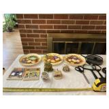 Collector plates, one with chip, frog figurine,