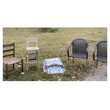 Lawn, wicker and wooden chair with step stool