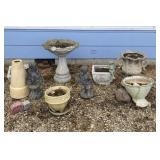 Bird bath, little girl and boy statues, planters