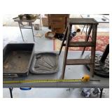Umbrella stand, small wooden step ladder and