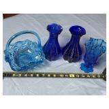 Blue Indiana Glass Basket, Blue Vases