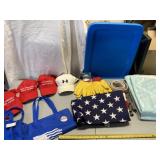 Hats, tote bags, American flag, gloves, belt and