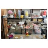 Contents on shelf, platters vases, Milk glass,