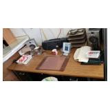 Office desk, stool, office lamp, stereo , phone,