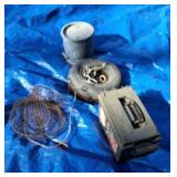 Fishing supplies including dry box, fish net,