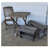Wood patio table and chair, 2 wood benches
