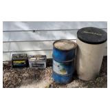 Two junk twelve volt batteries, thirty gallon