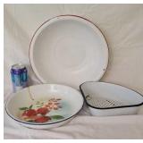 Enamel covered pans and strainer