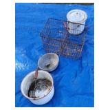 Wire basket and enamel cover pans