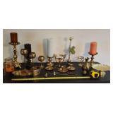 Collection of brass candle holders, snuffersvases