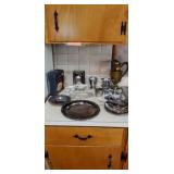 Silvertone and plated serving ware, brass and