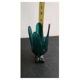 Teal Art Glass Footed Four Finger Petal