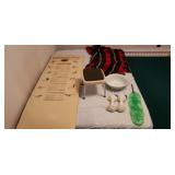 Wool throw blanket, exercise mat, enamel ware