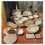 Assortment of baskets, wooden lazy susans, hot