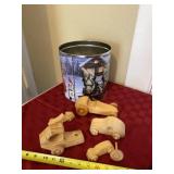 Christmas tin with wooden toy cars