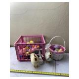 Easter plastic eggs, basket and chicken decor