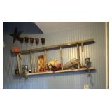 Lantern, rake and contents on wall EXCEPT ladder,