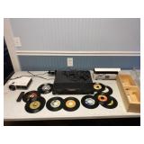 Sony turntable, Vankyo projector, cd holders and