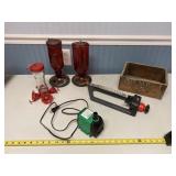 Hummingbird feeders, water hose sprinkler and