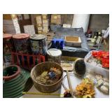 Christmas tree stand, tins, table. Silk flower