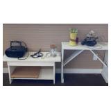 White bench and shelf with Sony radio and