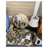 Lamp, wreaths, rug, candle sconce decor and vase